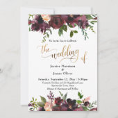 Deep Red Bourgogne Bloemen Goud Typografie Bruilof Kaart (Voorkant)