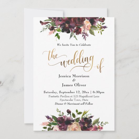 Deep Red Bourgogne Bloemengoud De bruiloft van Kaart (Voorkant)