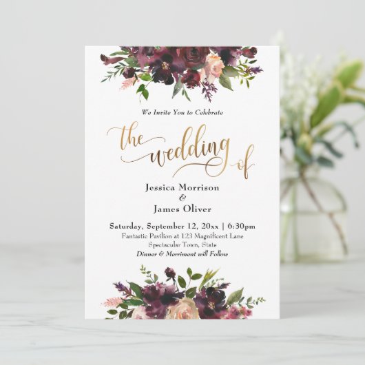 Deep Red Bourgogne Bloemengoud De bruiloft van Kaart (Staand voorkant)