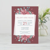 Deep Red Bourgondië Blooms Holiday Open House Kaart (Staand voorkant)
