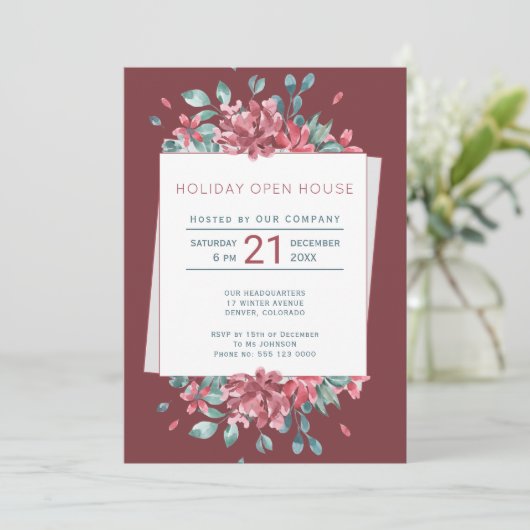 Deep Red Bourgondië Blooms Holiday Open House Kaart (Staand voorkant)