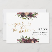 Deep Red Bourgondië Floral Save the Date Gold Scri