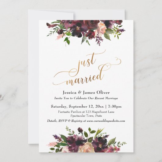 Deep Red Burgundy Floral Gold Script net getrouwd Kaart (Voorkant)