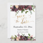 Deep Red Burgundy Floral Gold Sla het Datumscript Save The Date (Voorkant)