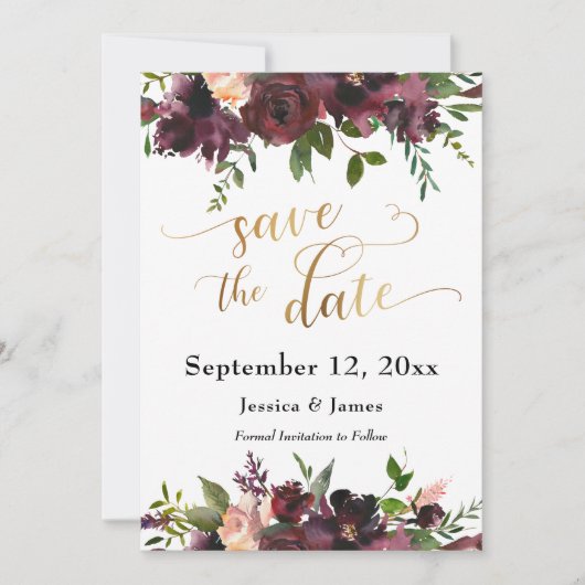 Deep Red Burgundy Floral Gold Sla het Datumscript Save The Date (Voorkant)