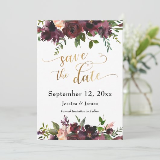 Deep Red Burgundy Floral Gold Sla het Datumscript Save The Date (Staand voorkant)