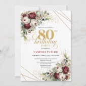 Deep Red Burgundy Flowers Eucalyptus 80th Birthday Kaart (Voorkant)