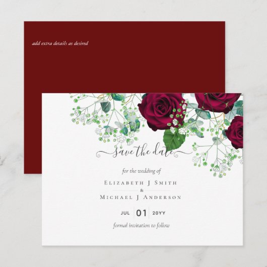 Deep Red Burgundy Rozen Wedding Save Date Briefkaa Briefkaart (Voorkant / Achterkant)