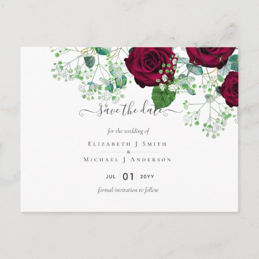 Deep Red Burgundy Rozen Wedding Save Date Briefkaa Briefkaart (Voorkant)