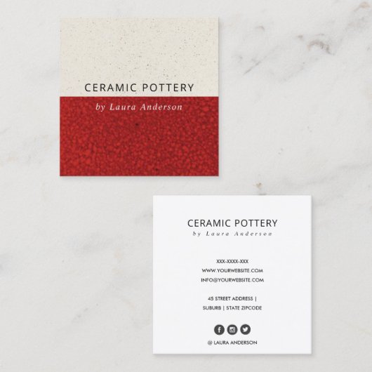 DEEP RED CERAMIC POTTERY GLAZED SPECKLED TEXTURE VIERKANTE VISITEKAARTJE (Voorkant / Achterkant)