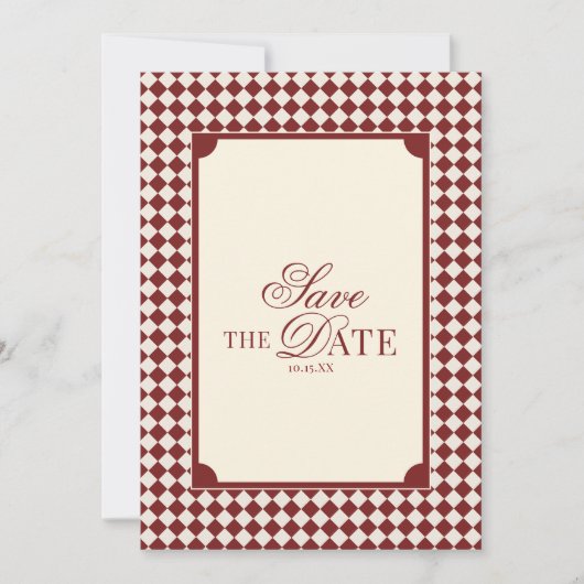 Deep Red Checkered Old Money QR Code Wedding Save The Date (Voorkant)
