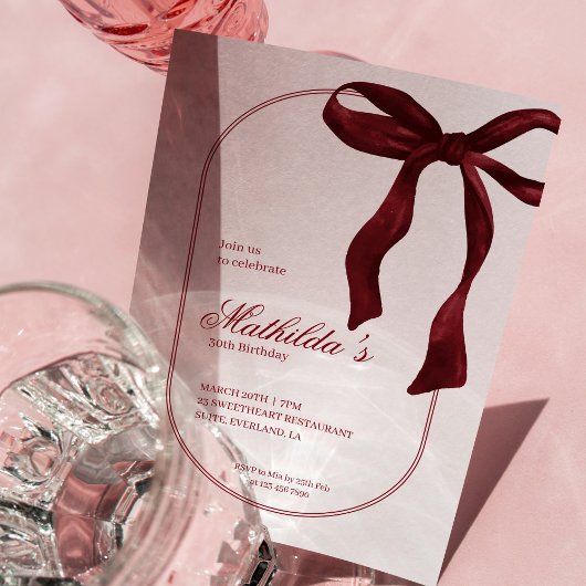 Deep Red Coquette Bow Birthday Invitation Kaart