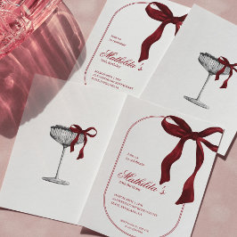 Deep Red Coquette Bow Birthday Invitation Kaart