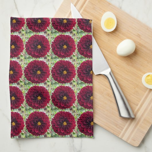 Deep Red Dahlia Floral Pattern Theedoek (Quarter Fold)