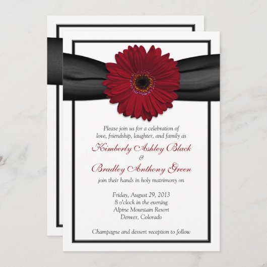 Deep Red Daisy Black Ribbon Weddenschap Kaart (Voorkant / Achterkant)