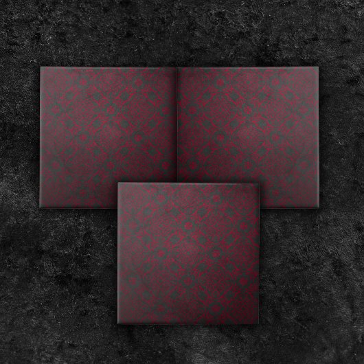 Deep Red  Damask-patroon op zwart Tegeltje