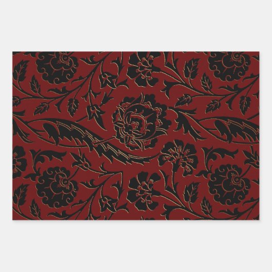 Deep Red en Black Floral Inpakpapier Vel (Voorkant)