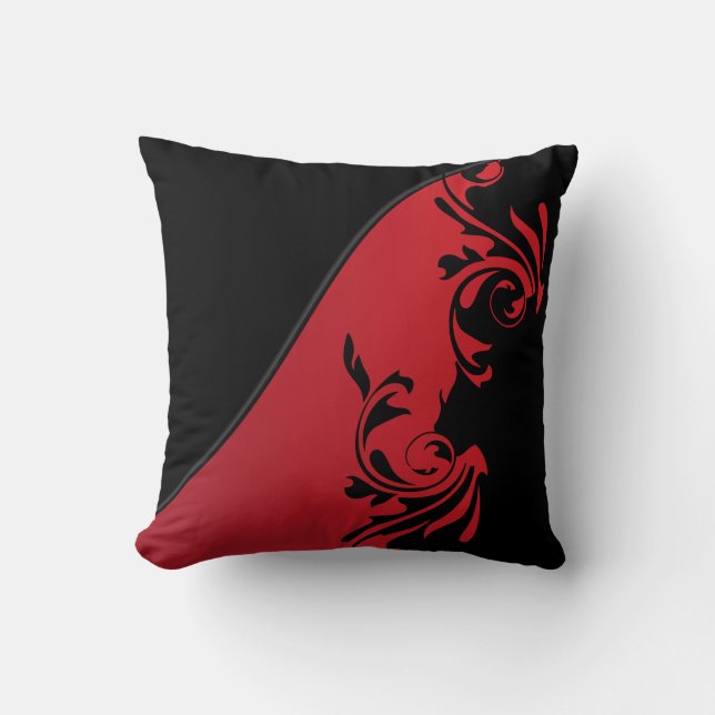 Deep Red en Black Florid Design Kussen (Voorkant)