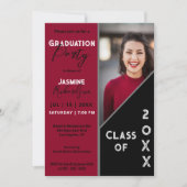 Deep Red en Black Modern Fotoafstudeerfeest Kaart (Voorkant)