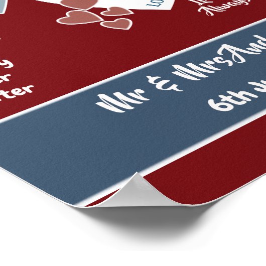 Deep Red en Blue Wedding Sign Poster (Hoek)