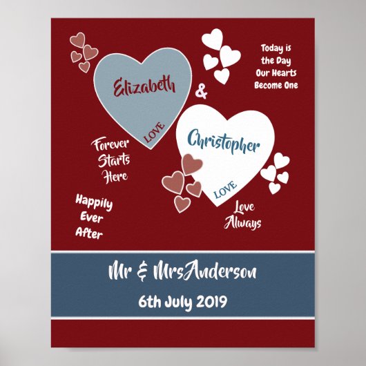 Deep Red en Blue Wedding Sign Poster (Voorkant)