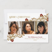 Deep Red en Gold Swirls Merry-kerstfoto Feestdagenkaart (Voorkant)