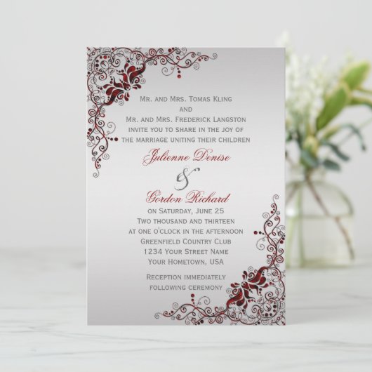  Deep Red en Silver Floral Swirls Bruiloften Kaart (Staand voorkant)