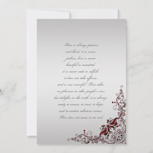 Deep Red en Silver Floral Swirls Bruiloften Kaart (Achterkant)