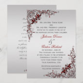 Deep Red en Silver Floral Swirls Bruiloften Kaart (Voorkant / Achterkant)