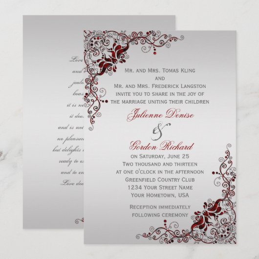 Deep Red en Silver Floral Swirls Bruiloften Kaart (Voorkant / Achterkant)