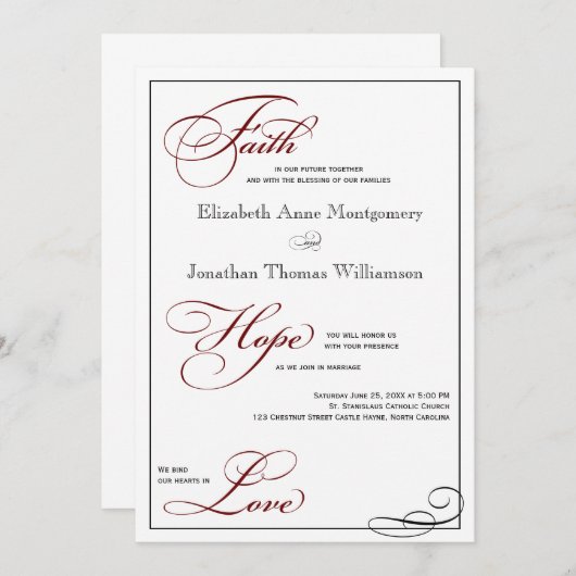 Deep Red Faith Hope Love Script Weduwen Uitnodigin Kaart (Voorkant / Achterkant)