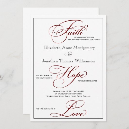 Deep Red Faith Hope Love Script Weduwen Uitnodigin Kaart (Voorkant / Achterkant)