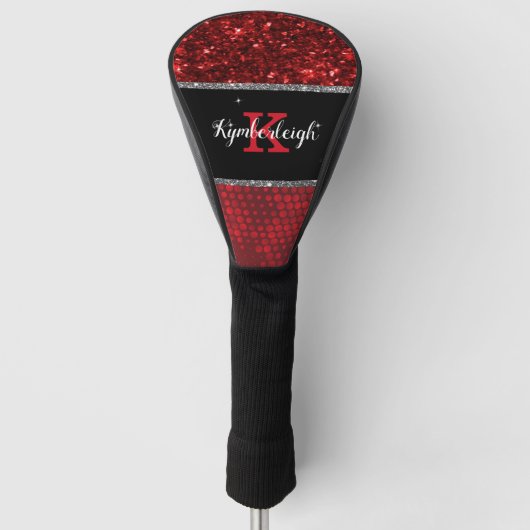 Deep Red Faux Glitter Lights Monogram Naam Golfheadcover (Voorkant)