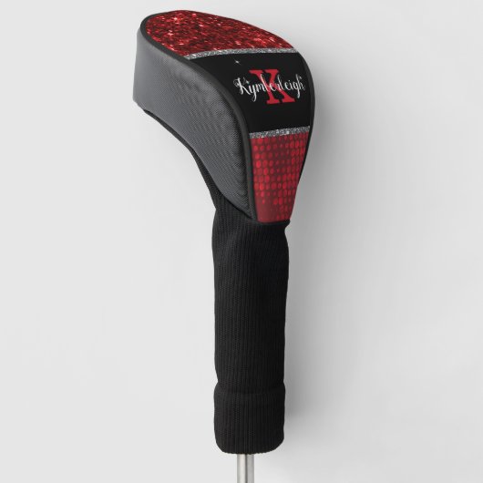 Deep Red Faux Glitter Lights Monogram Naam Golfheadcover (Schuin)