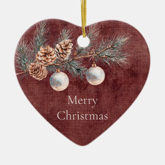 Deep Red Faux Linnen (linnen look) Pine Kegels Keramisch Ornament (Voorkant)