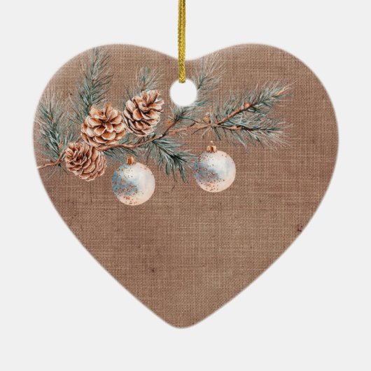 Deep Red Faux Linnen (linnen look) Pine Kegels Keramisch Ornament (Achterkant)