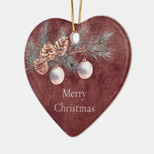 Deep Red Faux Linnen (linnen look) Pine Kegels Keramisch Ornament (Links)