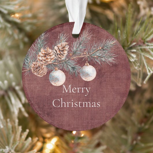 Deep Red Faux Linnen (linnen look) Pine Kegels Ornament (Boom)