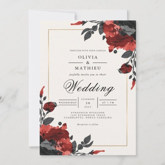Deep Red Floral Accent Wedding Kaart (Voorkant)