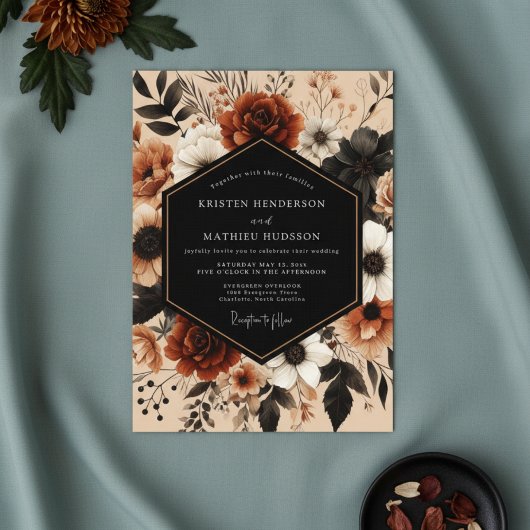 Deep Red Floral Autumn Romance Wedding Kaart