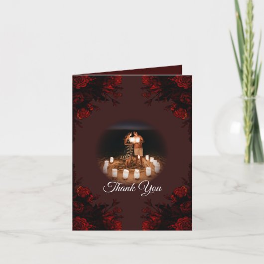 Deep Red Floral Elegant Gothic Wedding Bedankkaart (Voorkant)