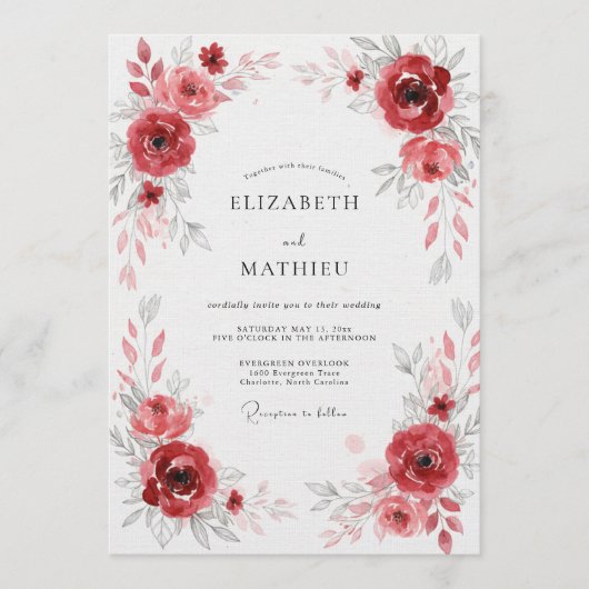 Deep Red Floral Flourish Wedding Kaart (Voorkant)