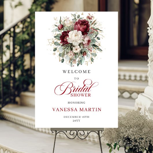 Deep Red Floral Gold Bridal Shower Welcome Poster