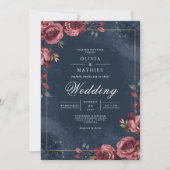 Deep Red Floral Navy Arch Wedding Kaart (Voorkant)