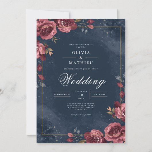 Deep Red Floral Navy Arch Wedding Kaart (Voorkant)