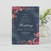 Deep Red Floral Navy Arch Wedding Kaart (Staand voorkant)