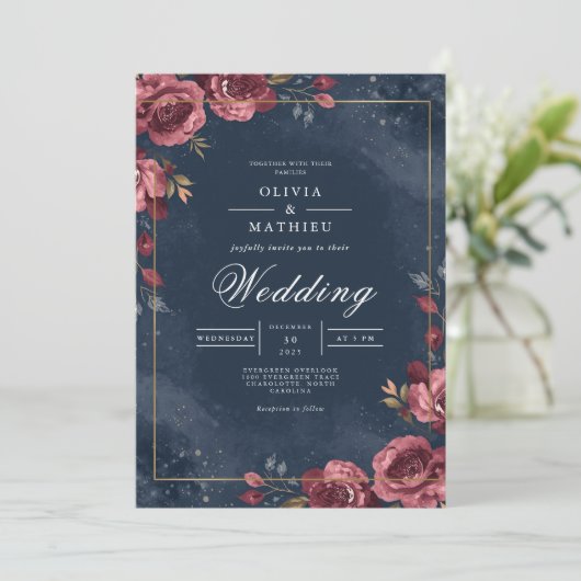 Deep Red Floral Navy Arch Wedding Kaart (Staand voorkant)