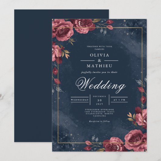 Deep Red Floral Navy Arch Wedding Kaart (Voorkant / Achterkant)