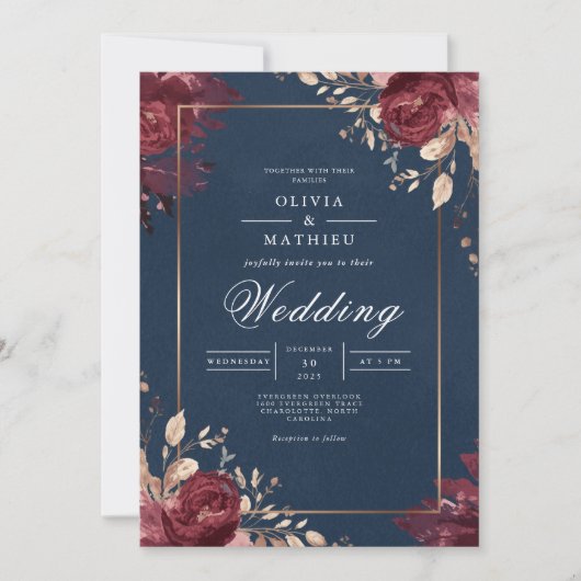 Deep Red Floral Navy Border Wedding Kaart (Voorkant)