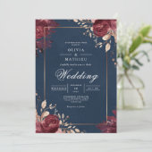 Deep Red Floral Navy Border Wedding Kaart (Staand voorkant)